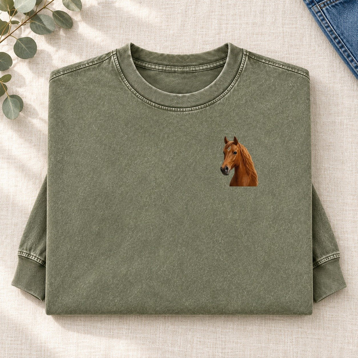 Horse Portrait Left Chest Washed Long Sleeve T-Shirt – Army Green