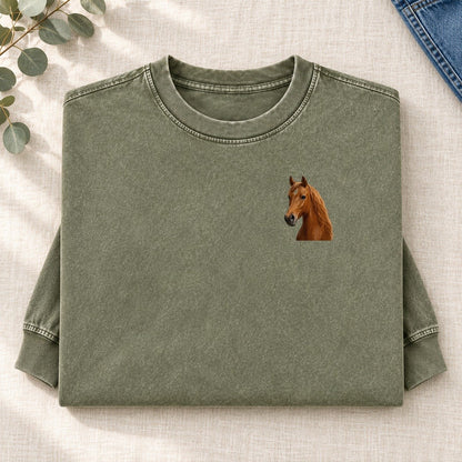 Horse Portrait Left Chest Washed Long Sleeve T-Shirt – Army Green
