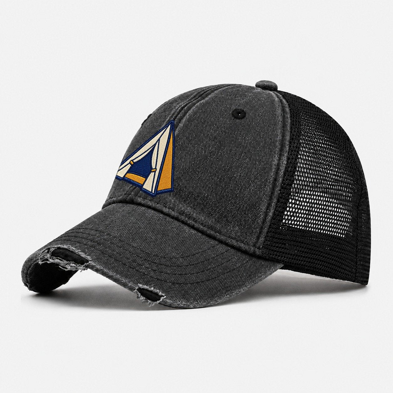 Dome Camping Tent Tiny Solo Marks Washed Trucker Hat – Black