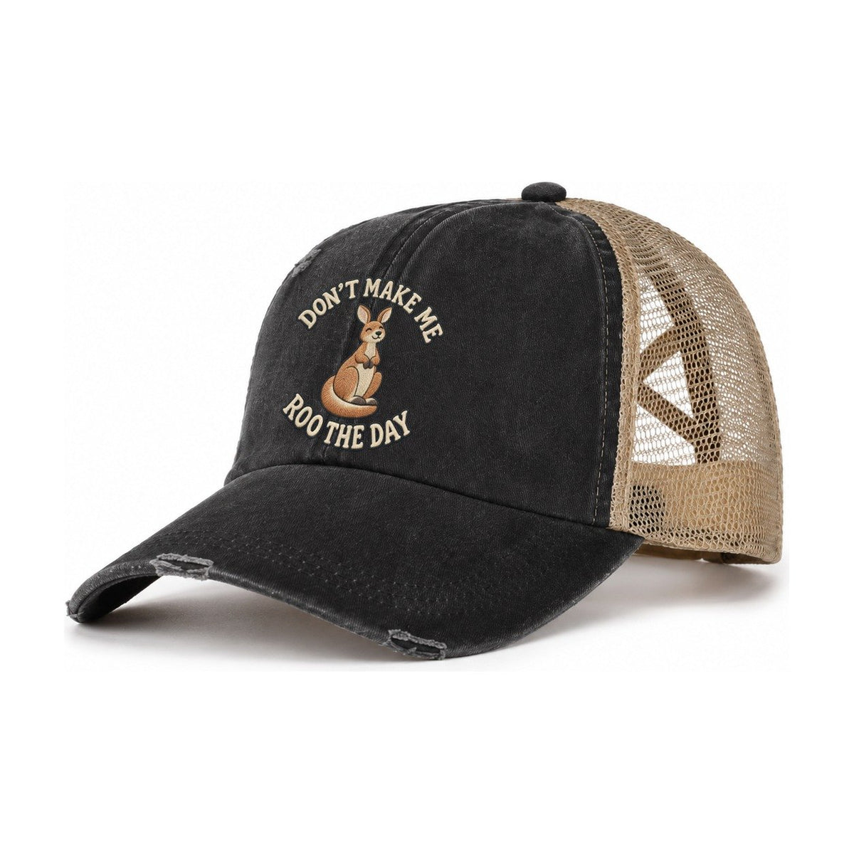 Kangaroo Animal Puns Women's Ponytail Trucker Hat – Washed Black Khaki