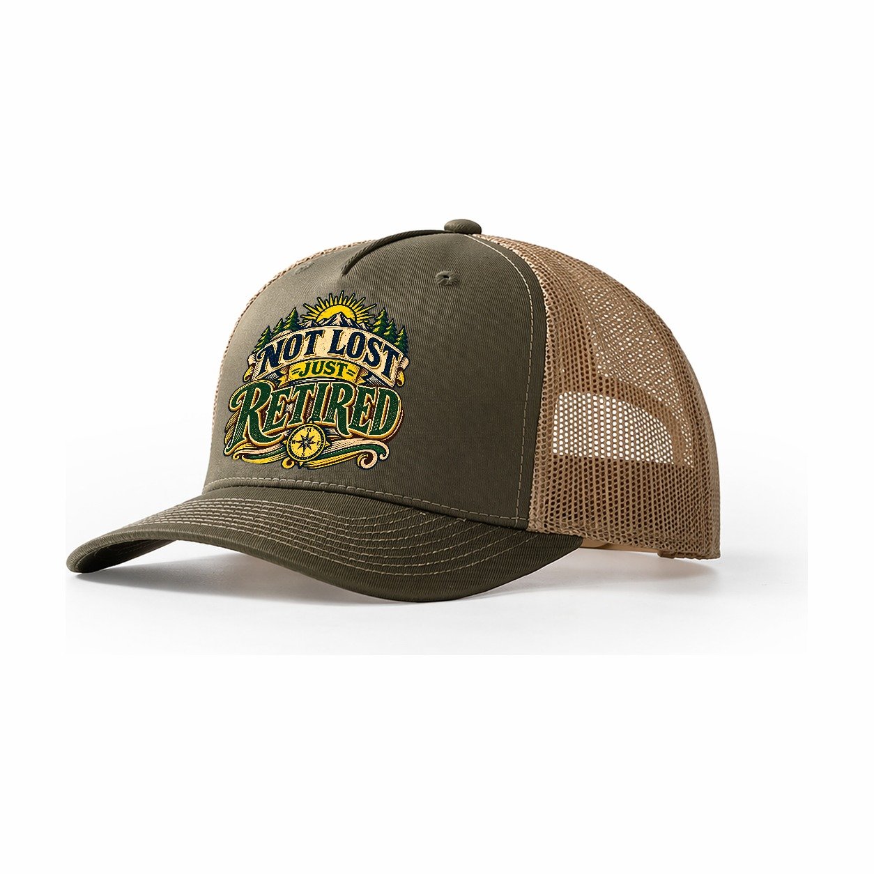 Not Lost Just Retired Retired Living Trucker Hat – Olive Khaki