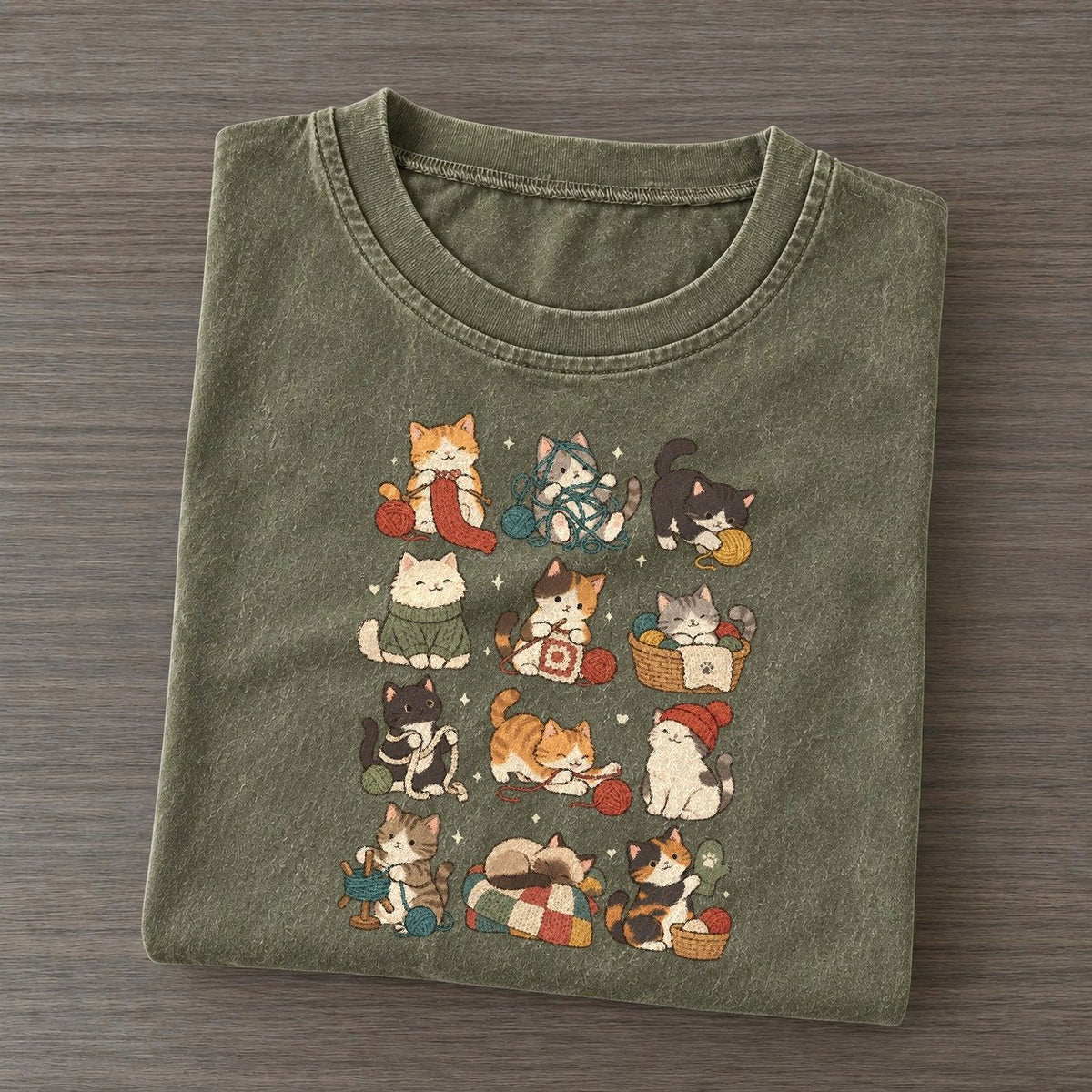 Knitting Circle Cat Club Vintage T-shirt – Army Green