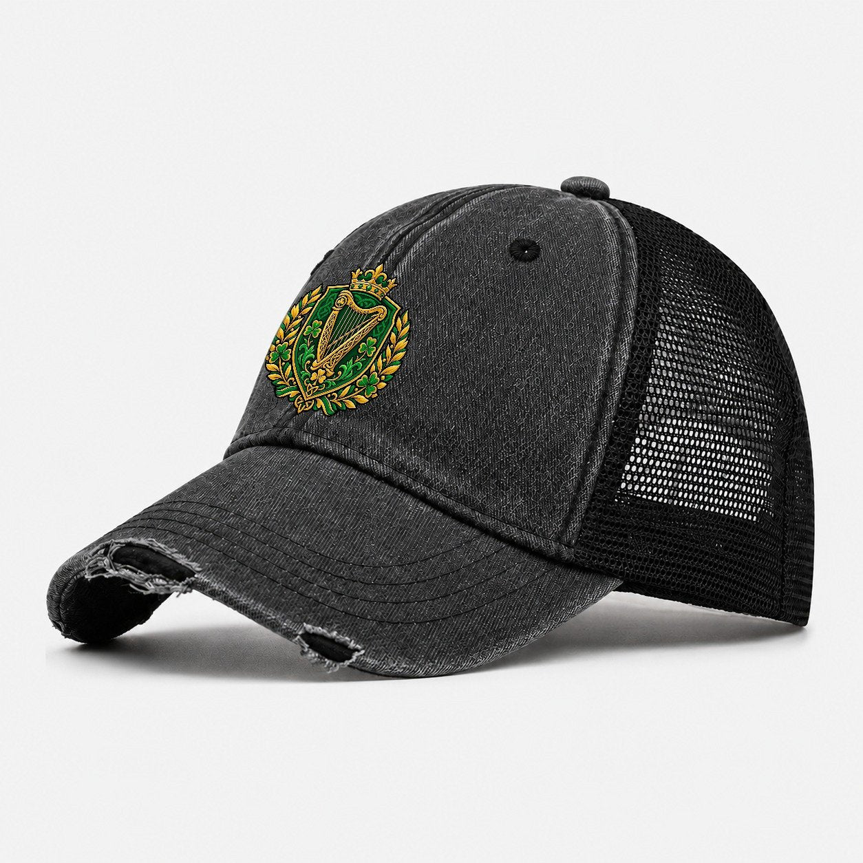 Ireland Heraldic Crest Country Logos Washed Trucker Hat – Black