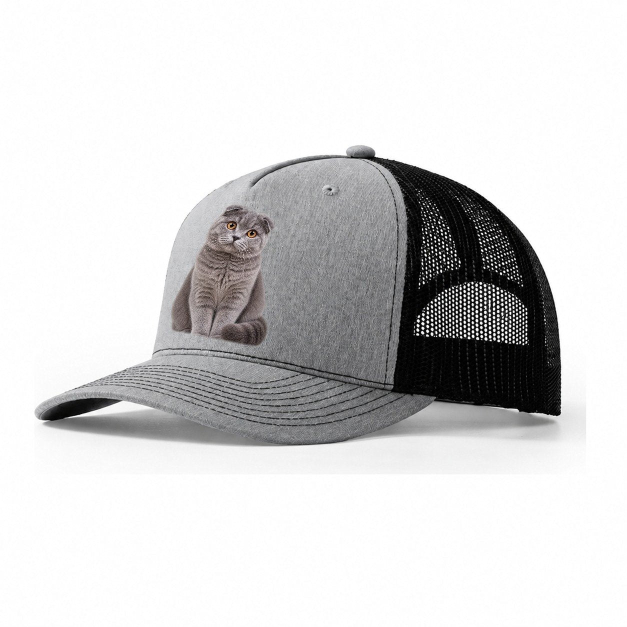 Scottish Fold Seated Portrait Realistic Cat Portrait Trucker Hat – Sport Grey Black