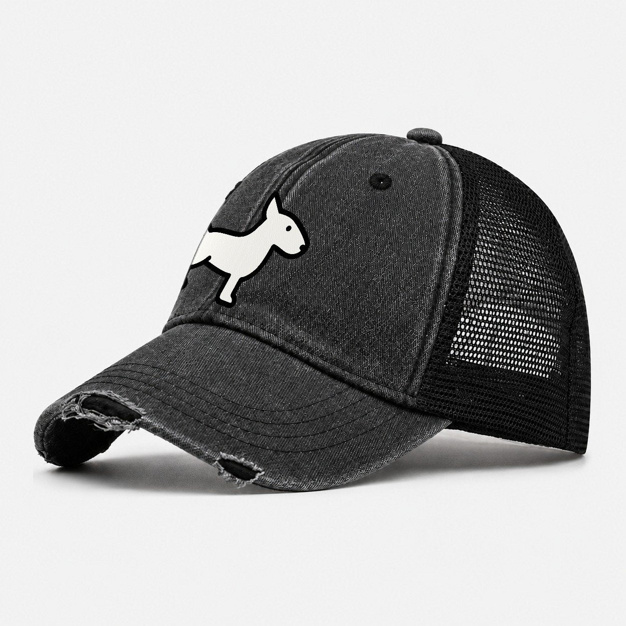 Bull Terrier White Egg Shaped Head Flat Side Profile Washed Trucker Hat – Black