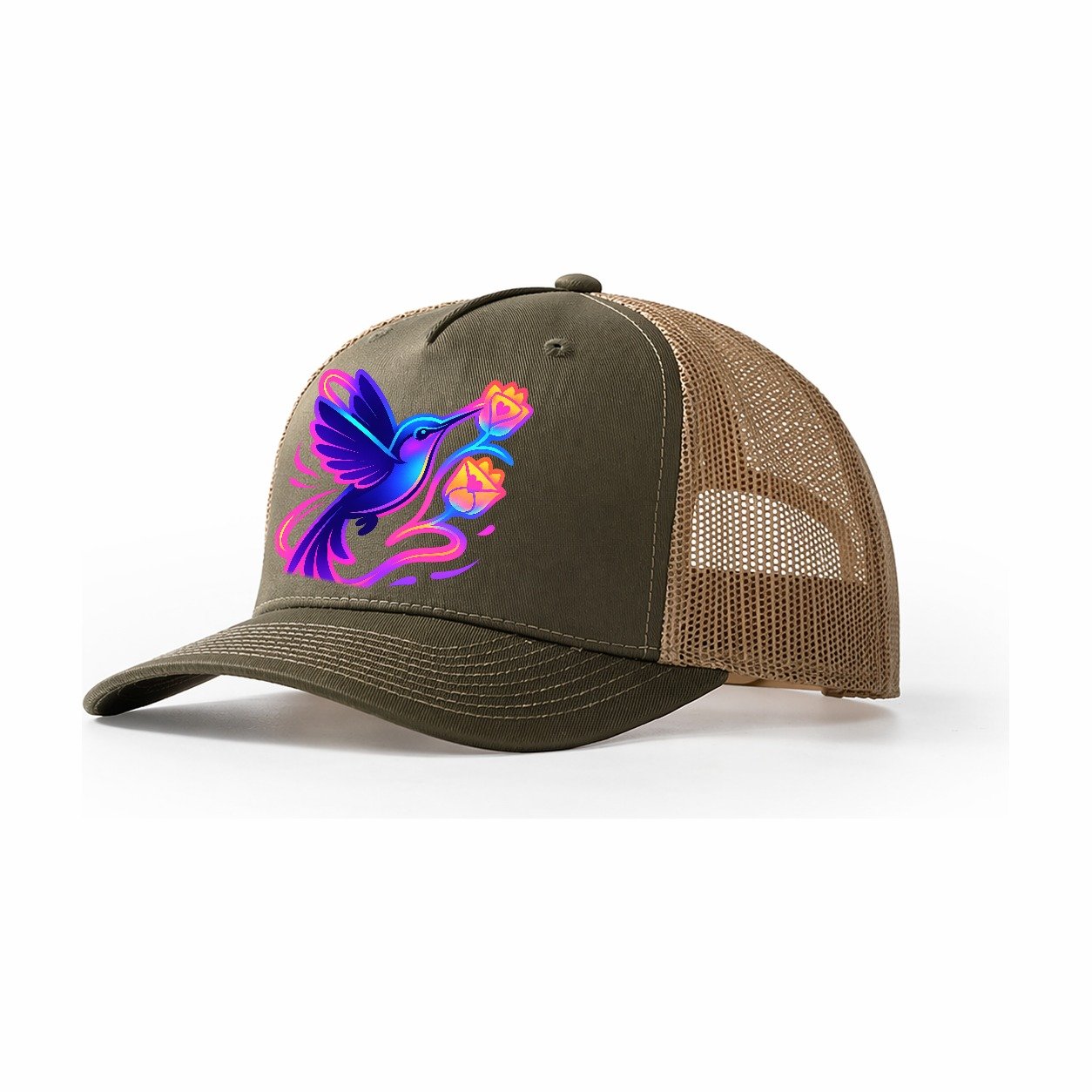 Hummingbird Delivering Miniature Love Letters Tucked Inside Trucker Hat – Olive-Khaki