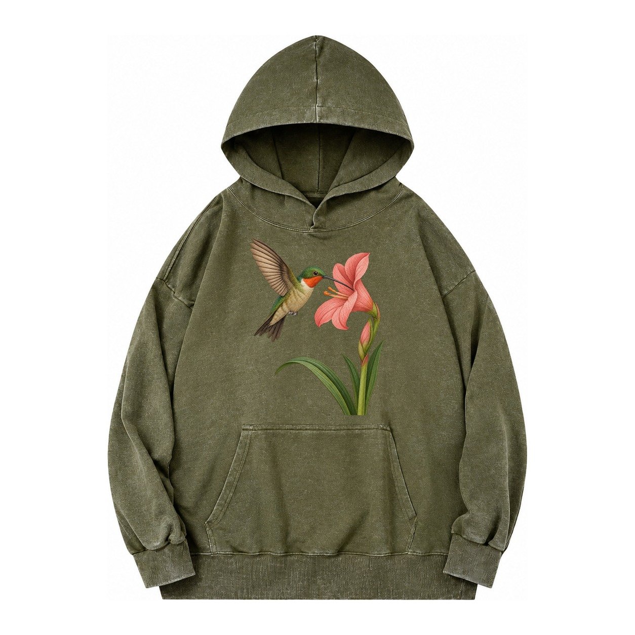 Hummingbird Haven Vintage Washed Hoodie – Army Green