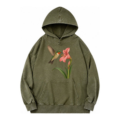Hummingbird Haven Vintage Washed Hoodie – Army Green