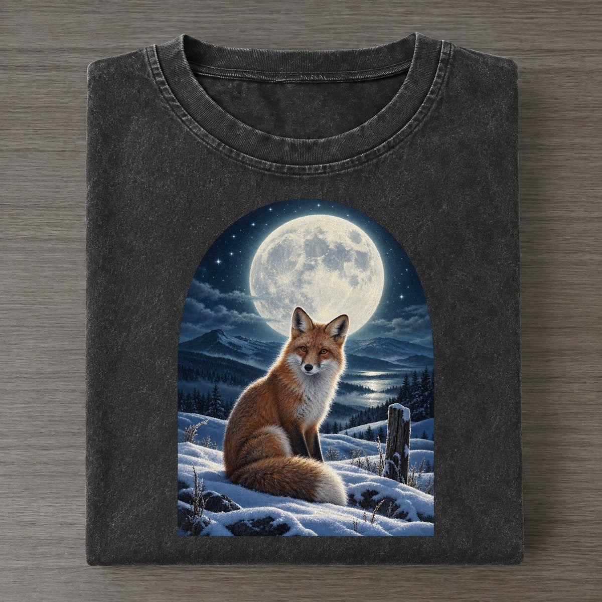 Fox On The Snowfield Moon Country Vintage T-shirt – Black