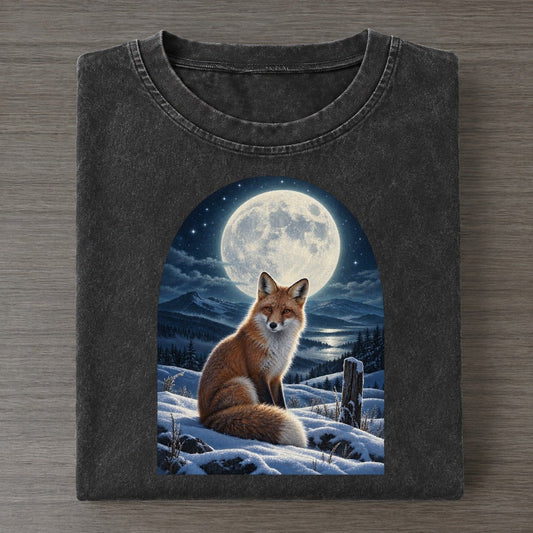 Fox On The Snowfield Moon Country Vintage T-shirt – Black