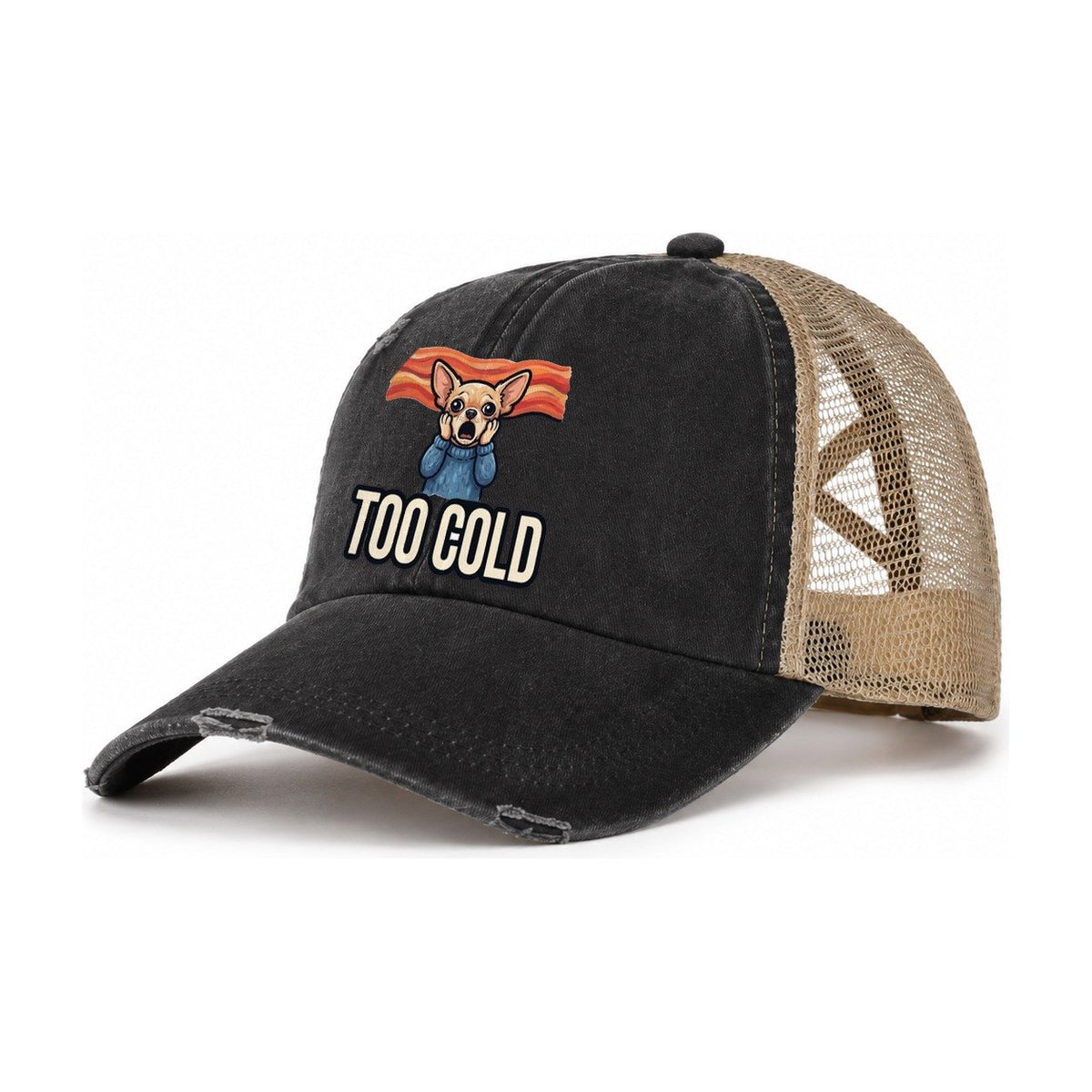 Chihuahua Scream Too Cold Scream Women's Ponytail Trucker Hat – Washed Black Khaki