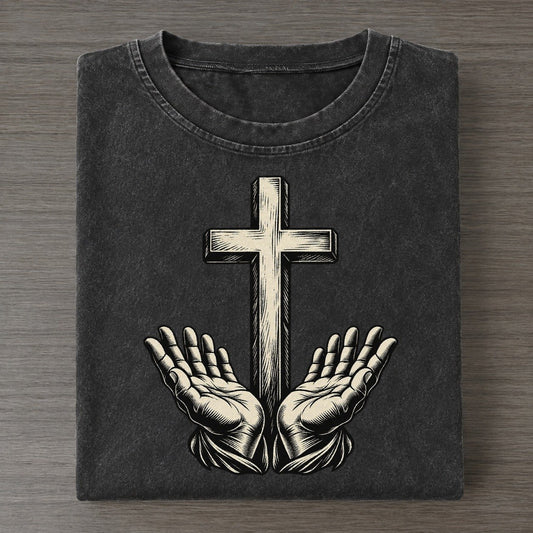 Christian Cross And Open Hands World Faiths Ink Figures Vintage T-shirt – Black
