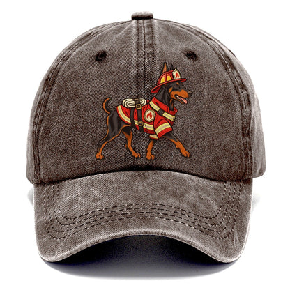 One Doberman Pinscher In Halloween Costume Firefighter Costume With A Small Helmet And Coat Halloween Dog Parade Classic Cap – Brown