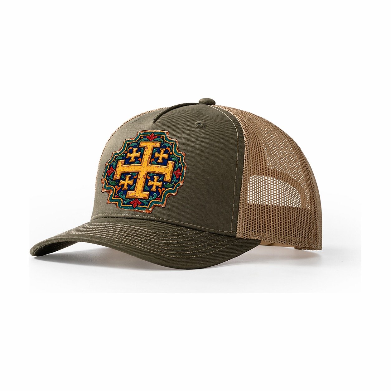 Armenian Hand Painted Ceramic Tile Jerusalem Cross Trucker Hat – Olive Khaki