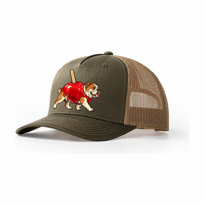 One Bulldog In Halloween Costume Candy Apple Costume Red Glossy Shell With A Stick Halloween Dog Parade Trucker Hat – Olive Khaki