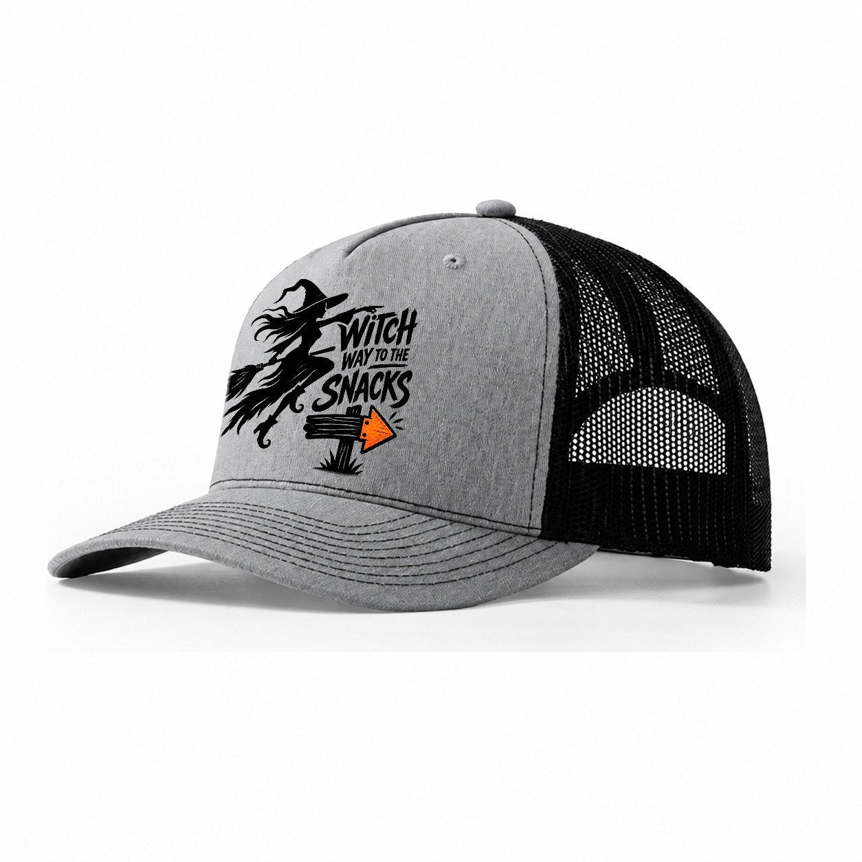 Witch Way To The Snacks Slogan Witch Magic Trucker Hat – Sport Grey Black