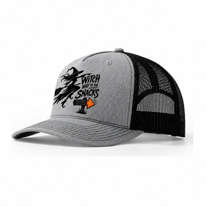 Witch Way To The Snacks Slogan Witch Magic Trucker Hat – Sport Grey Black