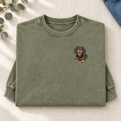 Dachshund Lying Down Left Chest Washed Long Sleeve T-Shirt – Army Green