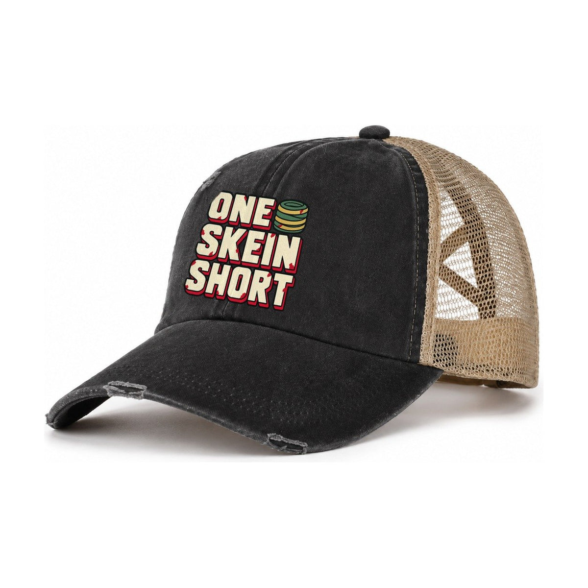 One Skein Short Yarn Crafts Women's Ponytail Trucker Hat – Washed Black Khaki