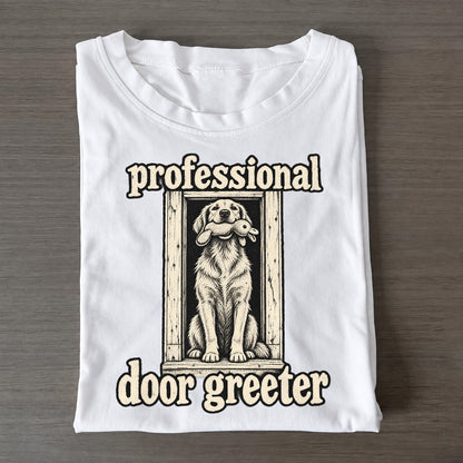 A Dog Sitting Perfectly Upright In A Doorway With A Toy In Its Mouth Bark For Me Classic T-shirt – White