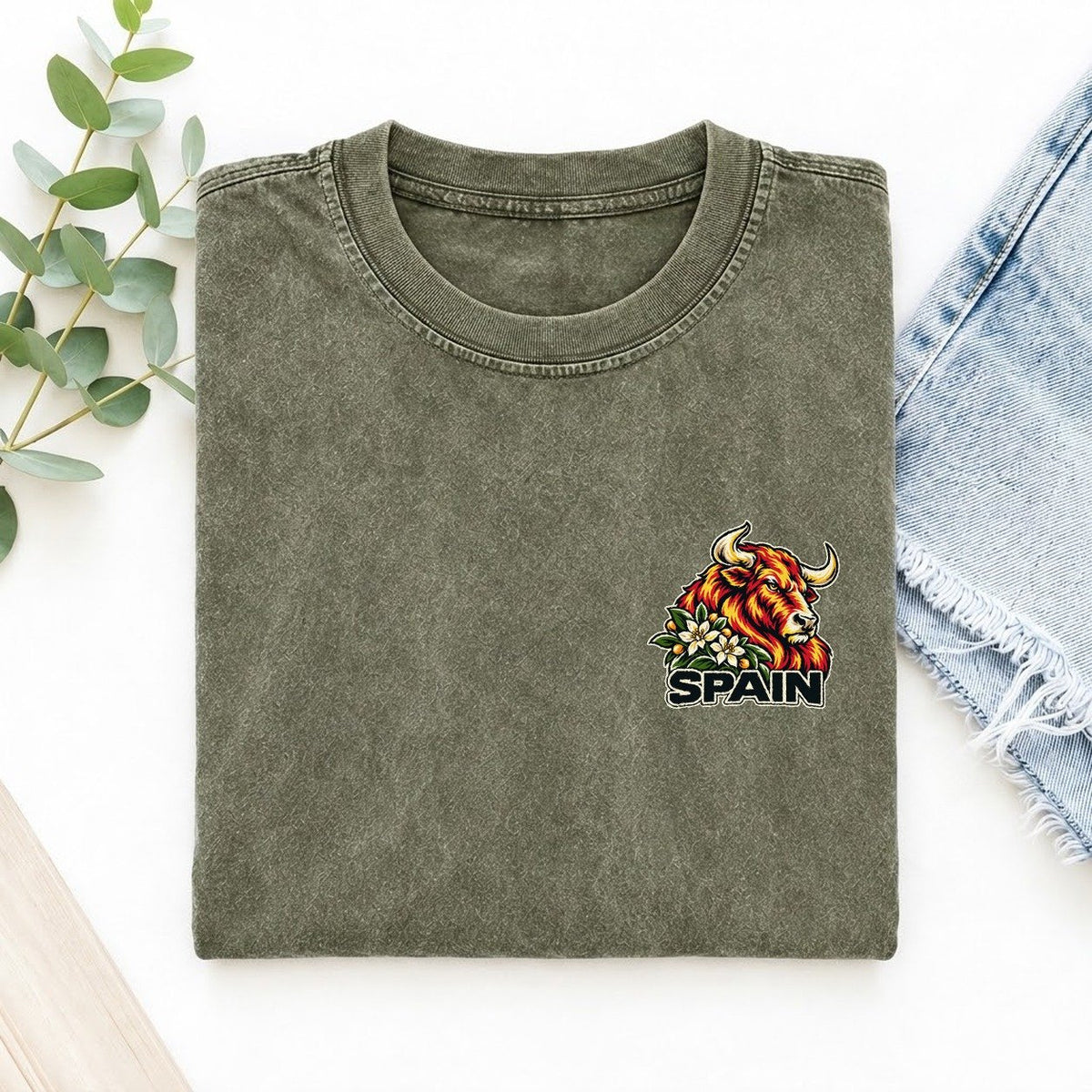 Spain Country Pride Left Chest Vintage T-shirt – Army Green