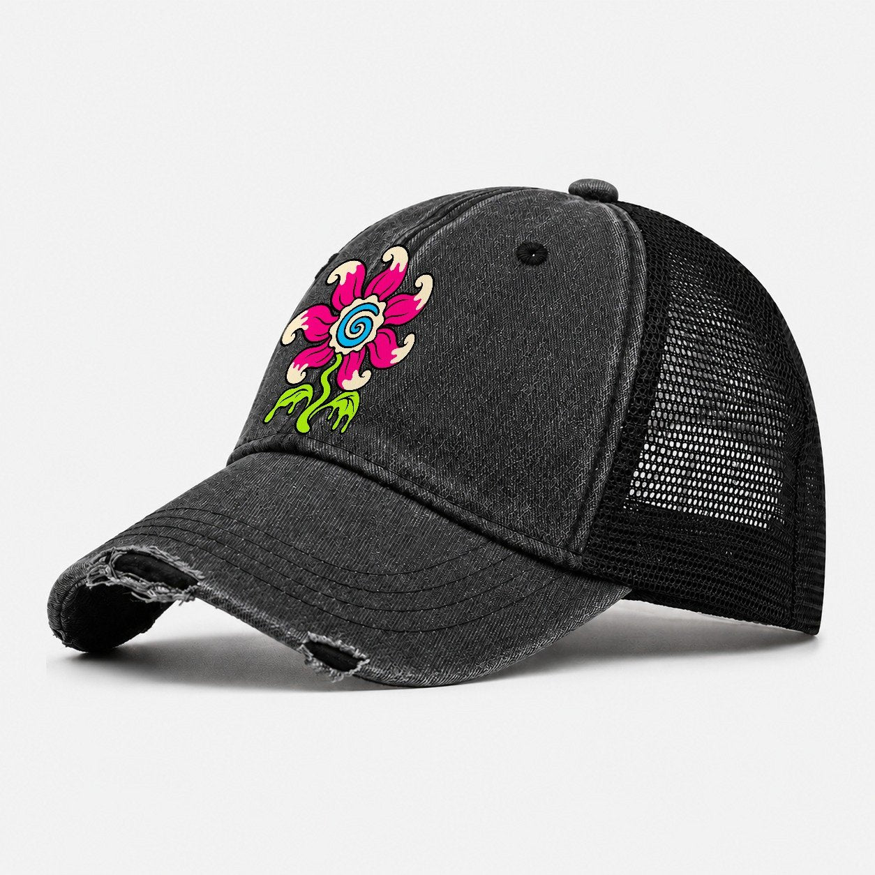 Swirl Tongue Flower Crazy Styles Washed Trucker Hat – Black