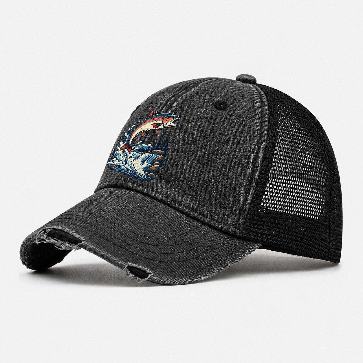 Salmon Leap Arc Fishing Elegant Washed Trucker Hat – Black
