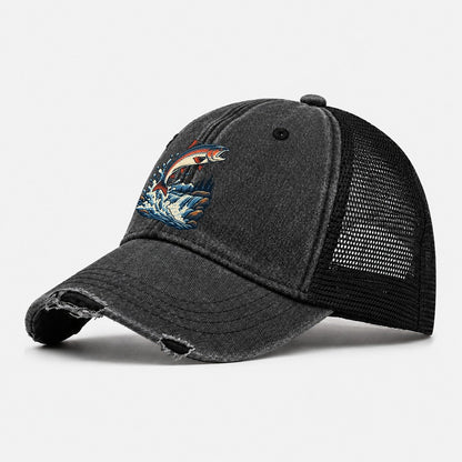 Salmon Leap Arc Fishing Elegant Washed Trucker Hat – Black