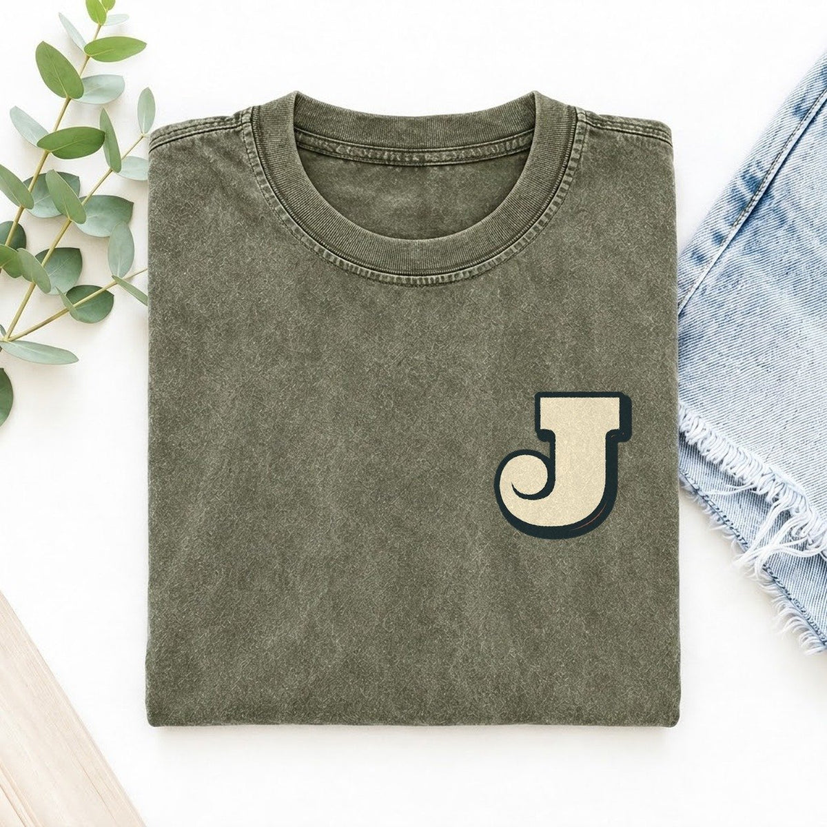 Initial J Left Chest Vintage T-shirt – Army Green