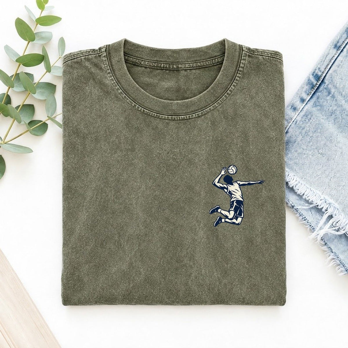 Volleyball Spike Left Chest Vintage T-shirt – Army Green
