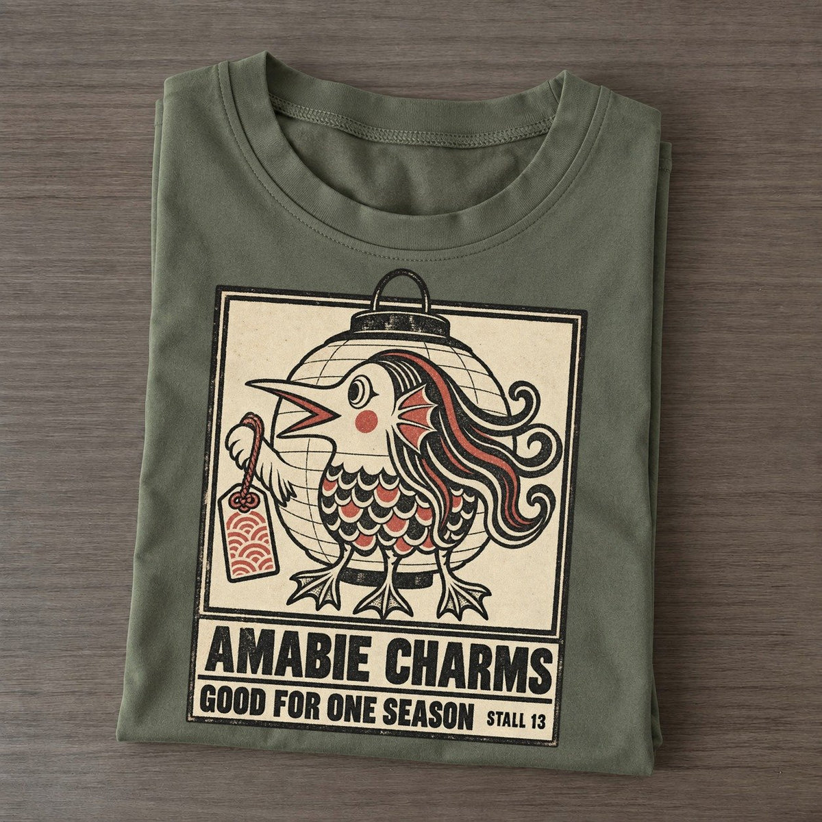 Amabie Charms Yokai Night Market Classic T-shirt – Army Green
