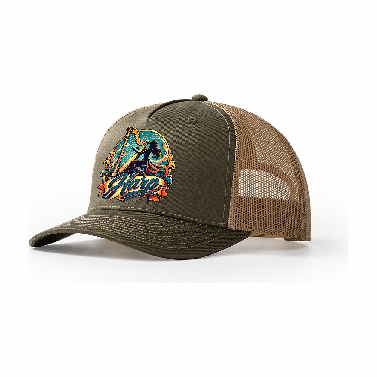 Harp Crest Music Instruments Trucker Hat – Olive Khaki