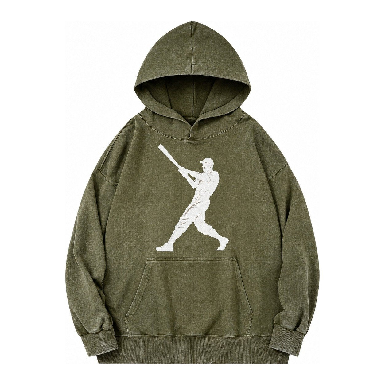 Baseball Batter In Full Swing Vintage Washed Hoodie – Army Green