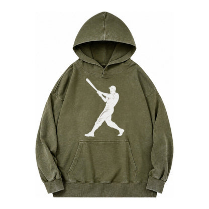 Baseball Batter In Full Swing Vintage Washed Hoodie – Army Green