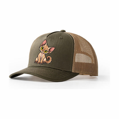Devon Rex Head Tilt Peeking Cats Trucker Hat – Olive Khaki