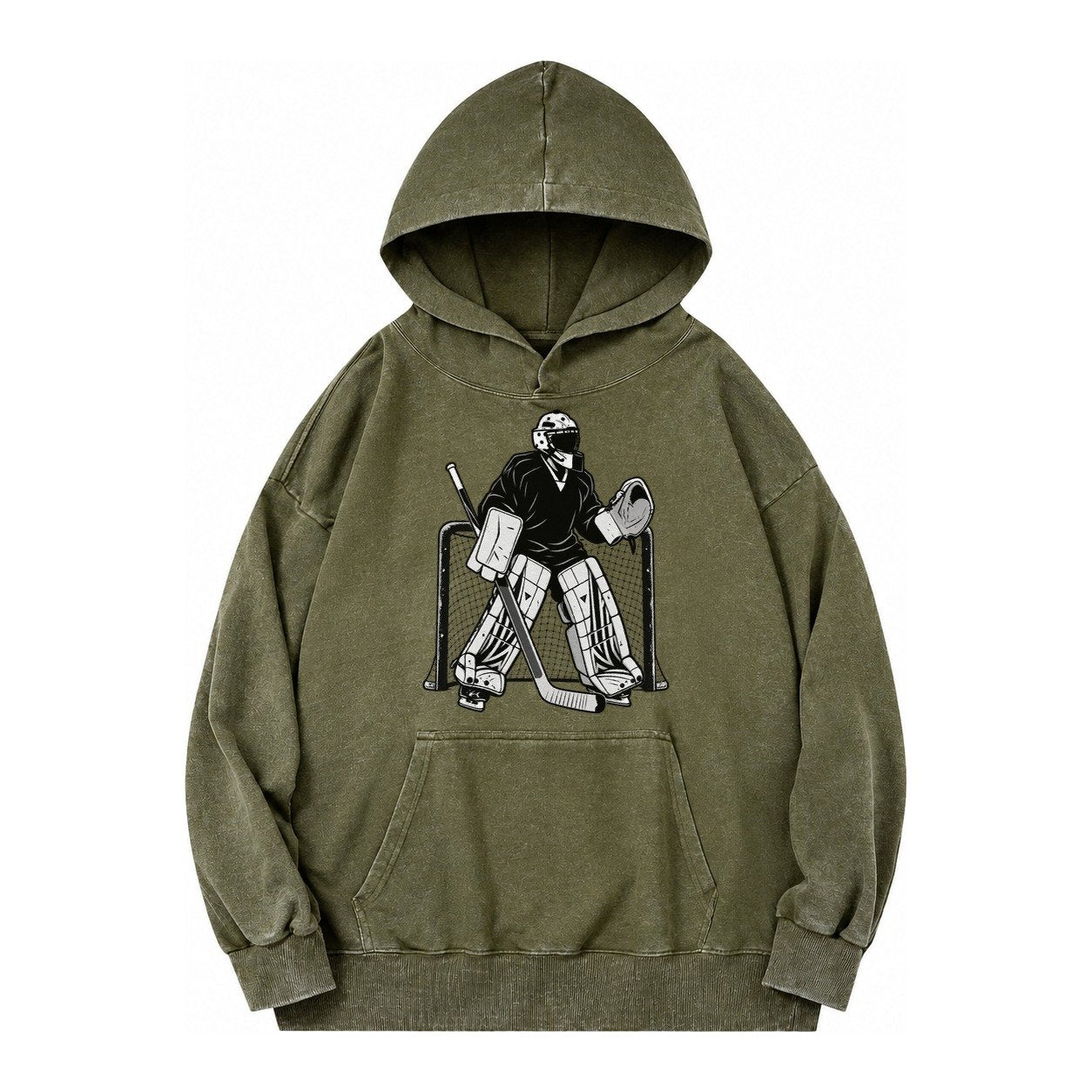 Hockey Goalie Vintage Washed Hoodie – Army Green