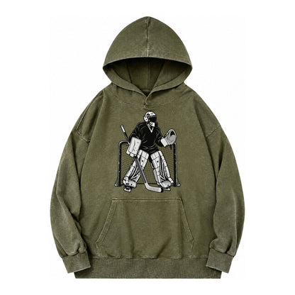 Hockey Goalie Vintage Washed Hoodie – Army Green