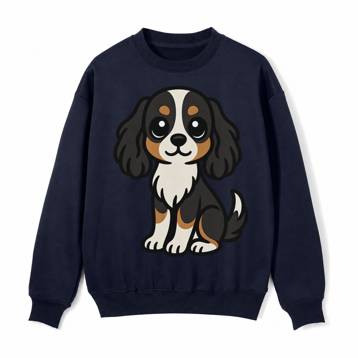 Cavalier King Charles Spaniel Tricolor Sitting Pose Portrait Fleece Sweatshirt – Navy Blue