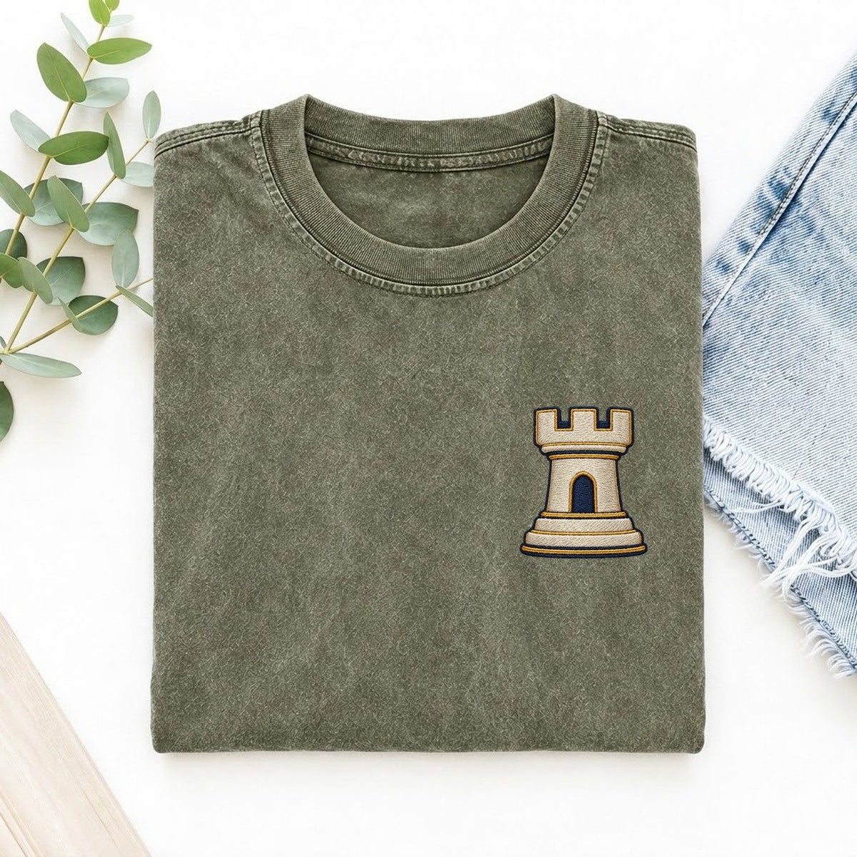 Chess Rook Symbol Emblems Left Chest Vintage T-shirt – Army Green
