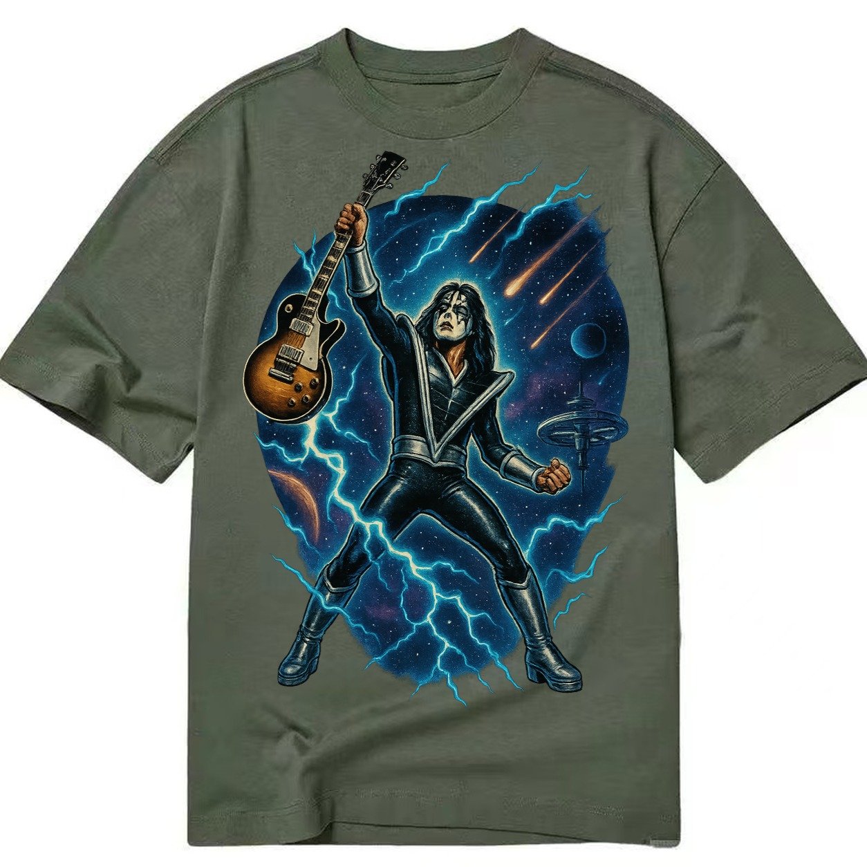 Ace Frehley Cosmic Solo Guitar Raised High Space Station Bac Classic T-shirt – Army Green