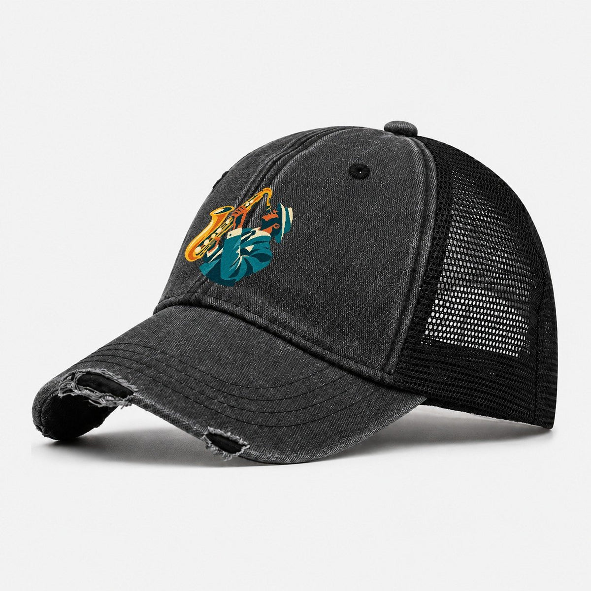 Jazz Saxophonist Washed Trucker Hat – Black