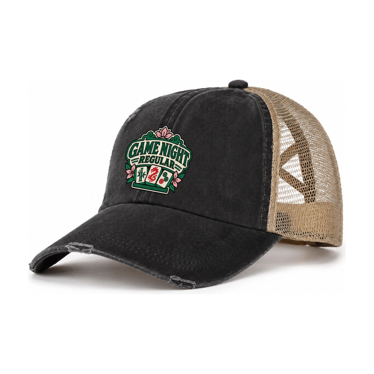 Game Night Regular Mahjong Game Night Women's Ponytail Trucker Hat – Washed Black Khaki
