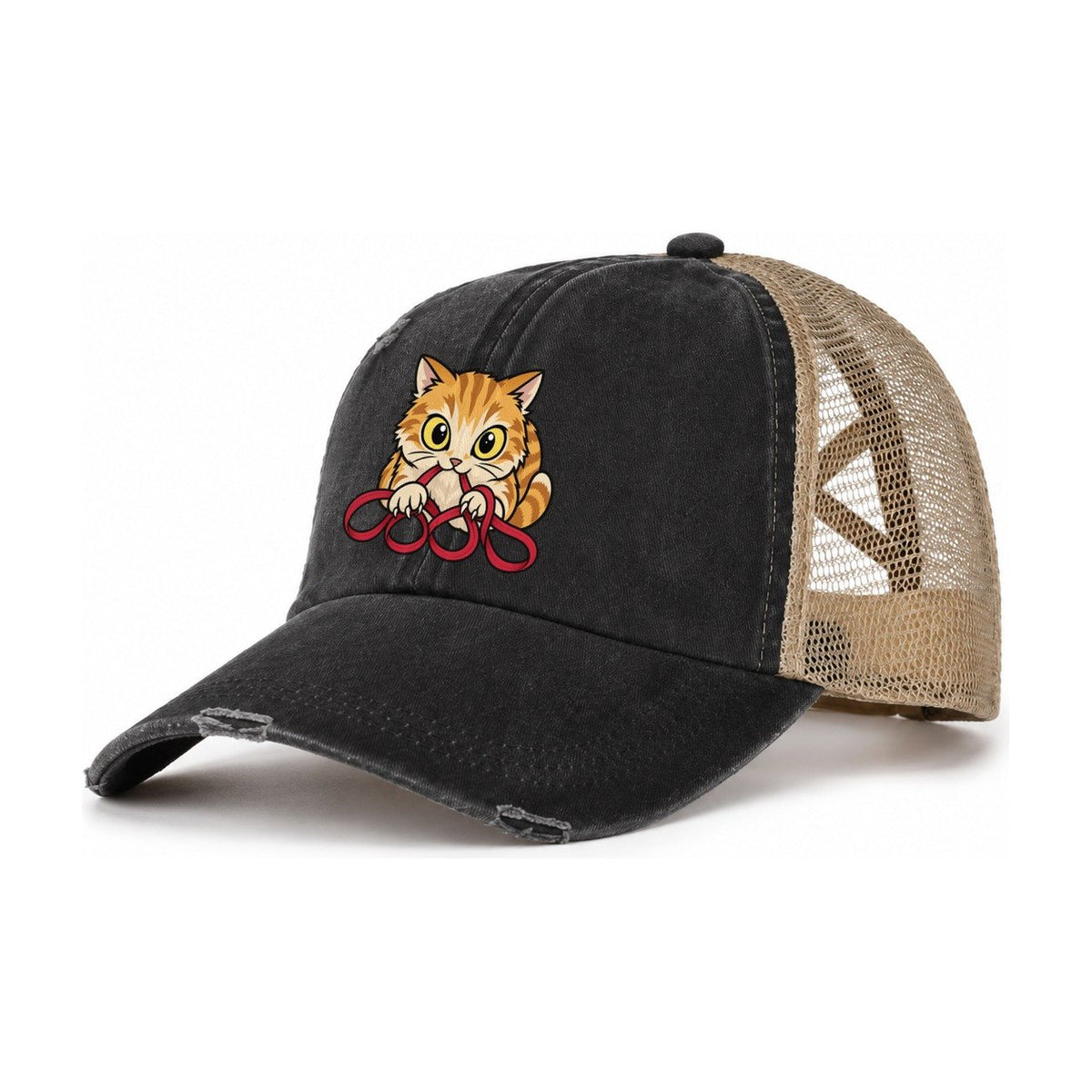 The Floss Bandit Needlework Women's Ponytail Trucker Hat – Washed Black Khaki