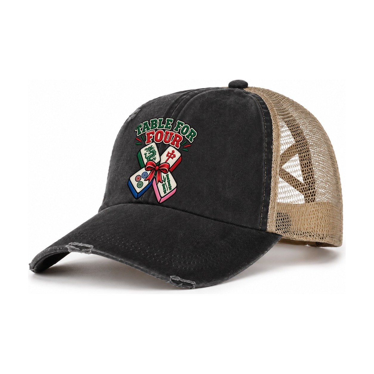 Table For Four Mahjong Game Night Women's Ponytail Trucker Hat – Washed Black Khaki