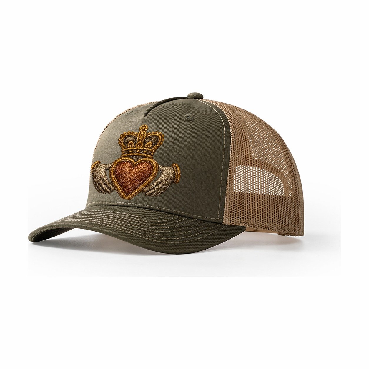Claddagh Heart Crown Embroidered 0912b9 Trucker Hat – Olive-Khaki