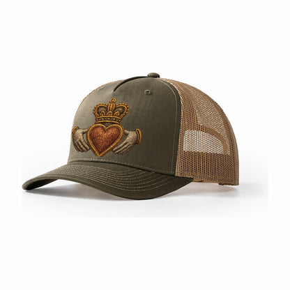 Claddagh Heart Crown Embroidered 0912b9 Trucker Hat – Olive-Khaki