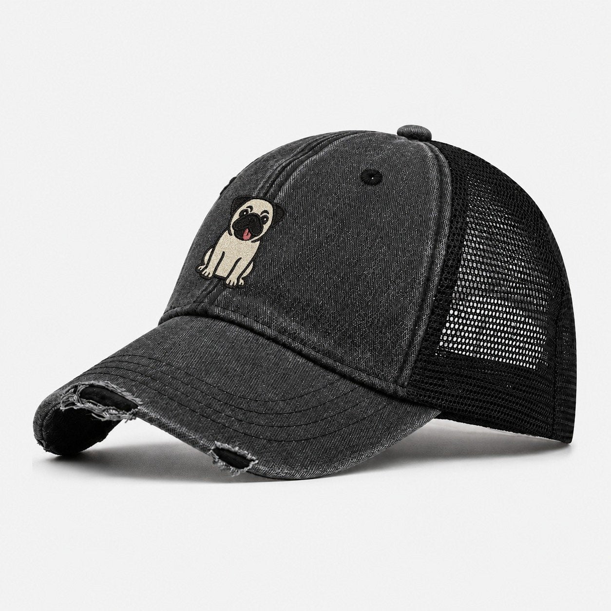 Pug Tilted Head With Tongue Out Washed Trucker Hat – Black