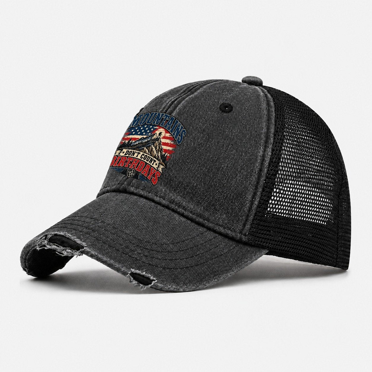 Mountains Don T Count Birthdays Old Man Strong Washed Trucker Hat – Black