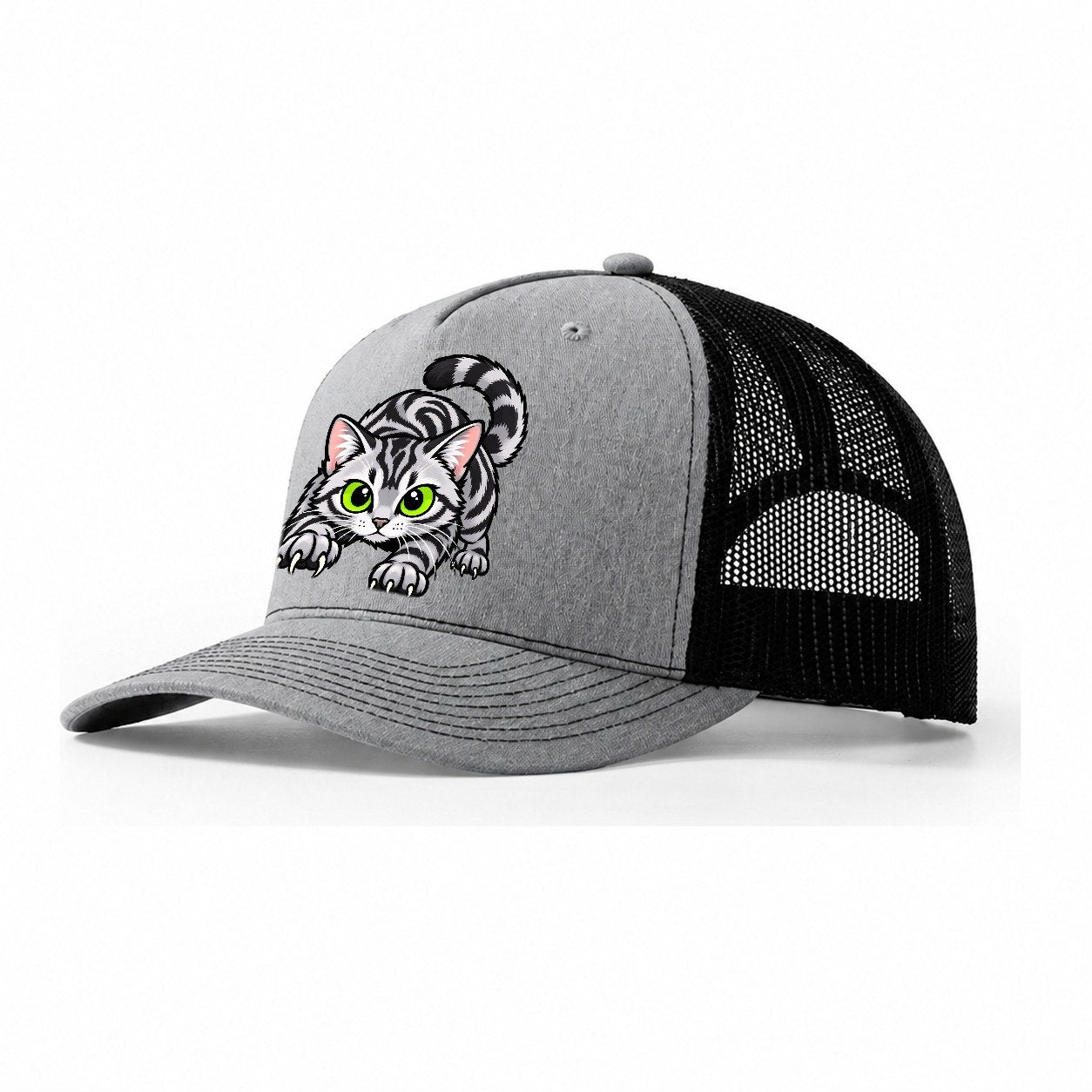Silver Tabby Stalking Peeking Cats Trucker Hat – Sport Grey Black