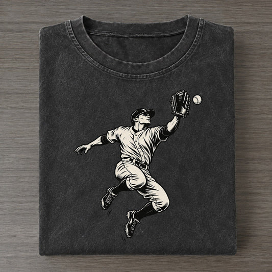 Baseball Outfielder Leaping Catch Global Sports Ink Figures Vintage T-shirt – Black